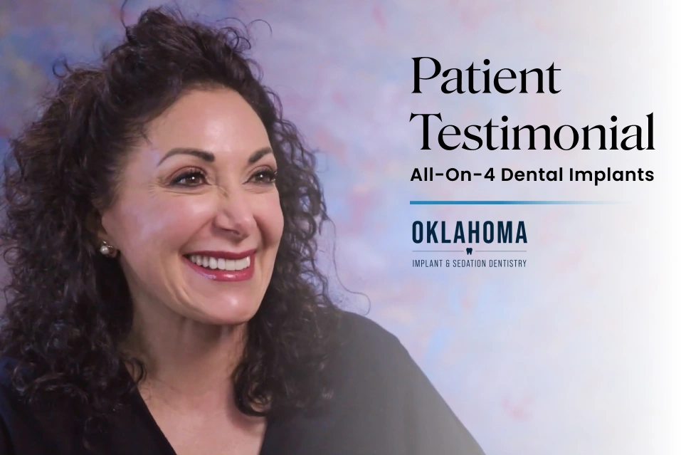 Smiling woman giving a patient testimonial about All-On-4 dental implants at Warwick Dental in Oklahoma, emphasizing comfort and patient satisfaction.