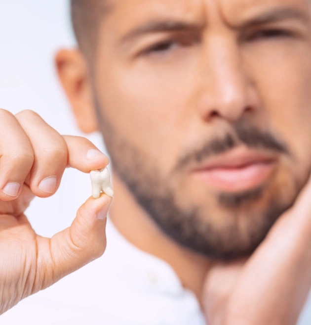 Man holding extracted tooth, showing concern, emphasizing tooth extraction process at Warwick Dental in Oklahoma City.