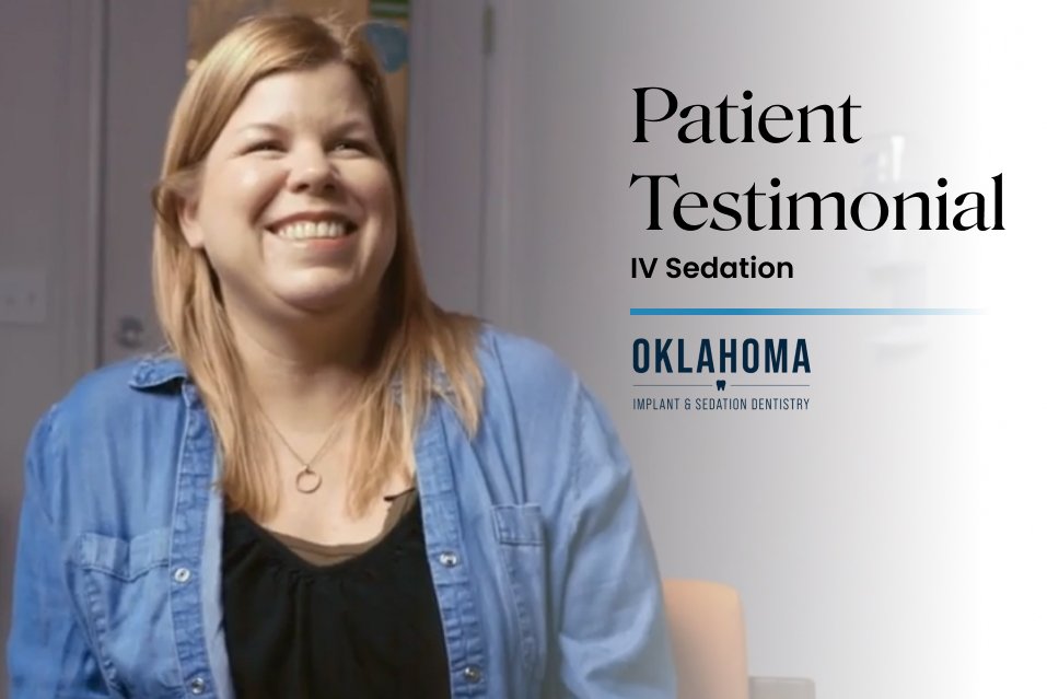 Smiling patient sharing positive testimonial about IV sedation at Oklahoma dental practice.