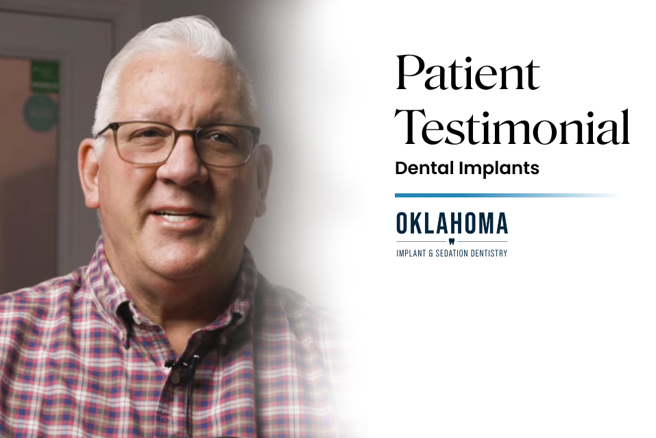 Patient testimonial for dental implants featuring a smiling man in a plaid shirt, emphasizing positive patient experiences at Warwick Dental in Oklahoma City.